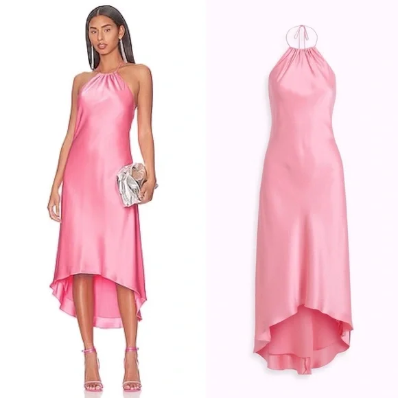 Alice + Olivia Pink Halter Dress Pink Satin High Low Slip Dress - Size 2 NWT
